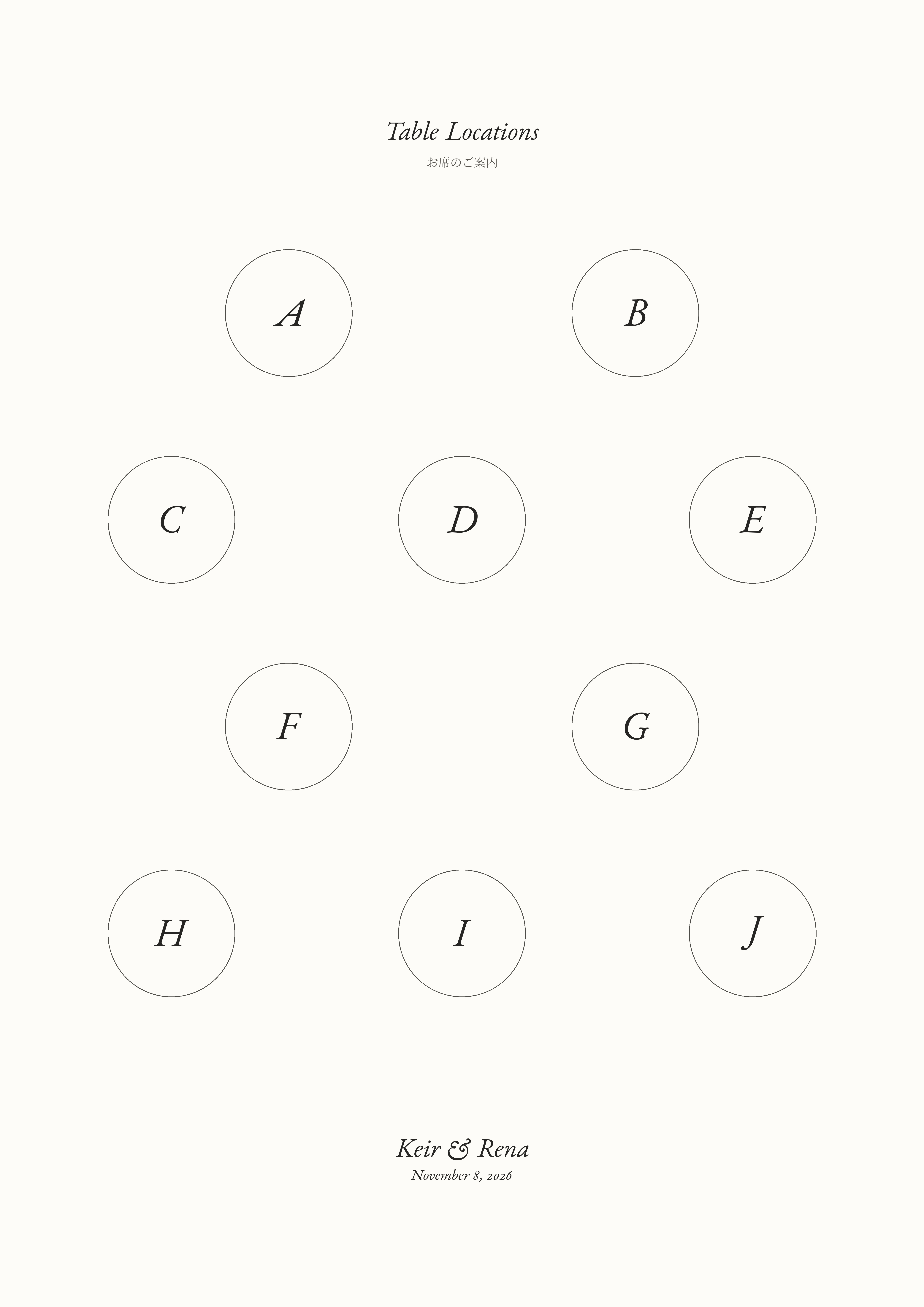Reception table location map. The bride and groom are toward the top, beyond tables A and B. Under those are C, D, E; then F and G; then H, I, J closest to the bottom.